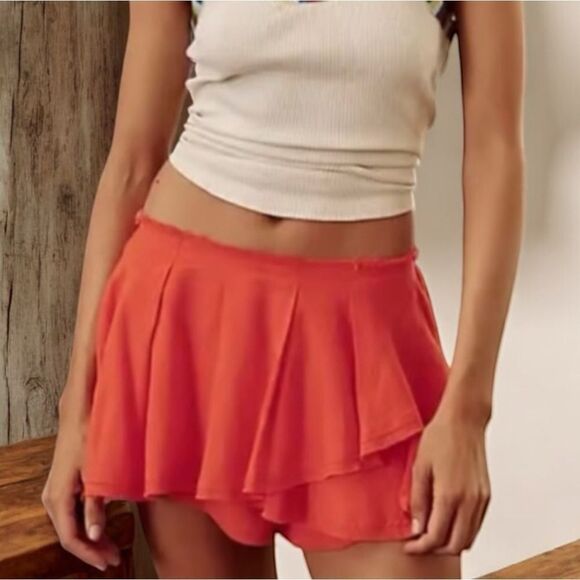 Free People Waterfall Skort Shorts  Layered Mid-rise Orange Linen/Viscose M NEW - Picture 1 of 7